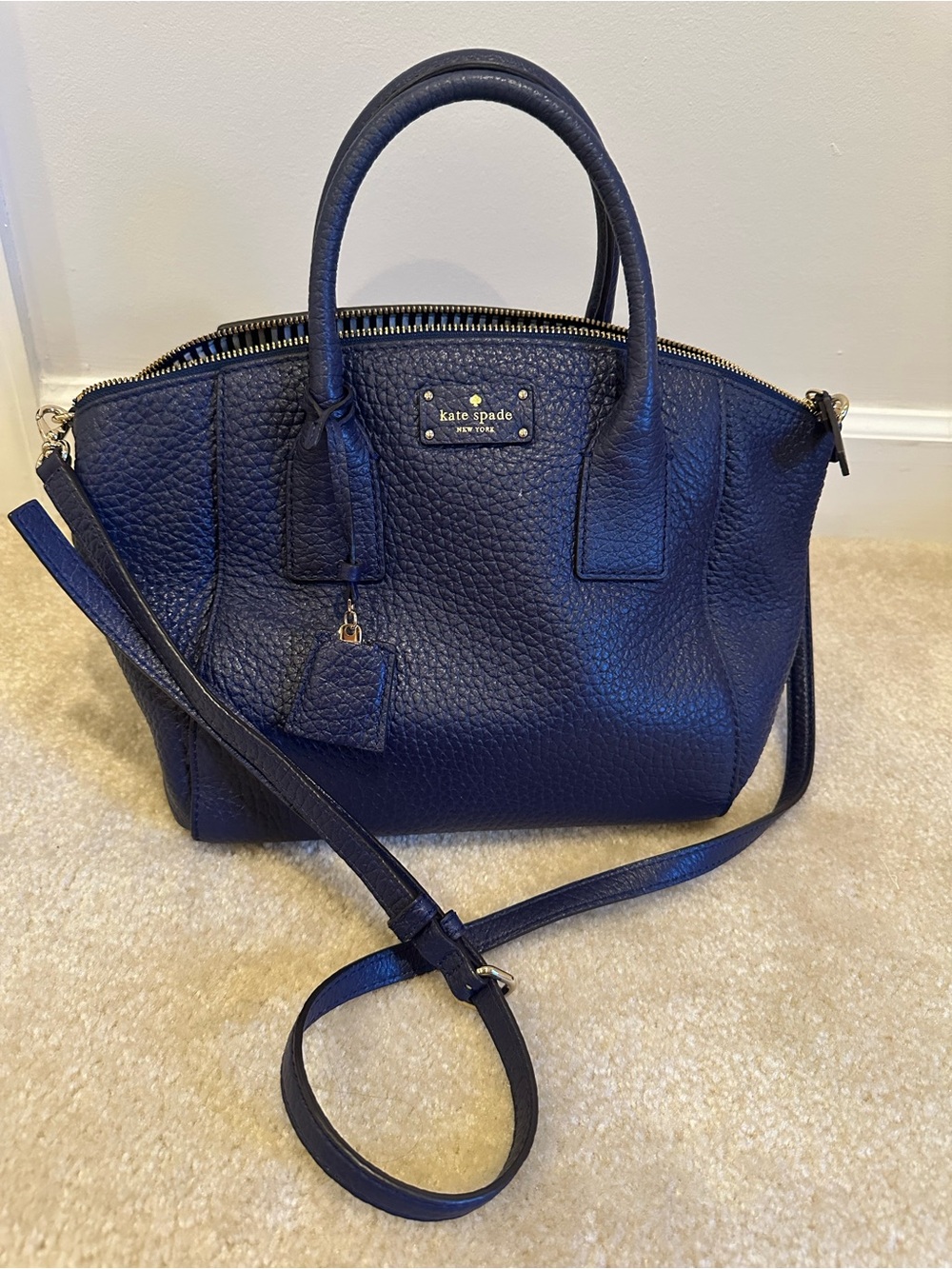 kate spade Navy Pebbled Leather Dome Satchel with Crossbody Strap